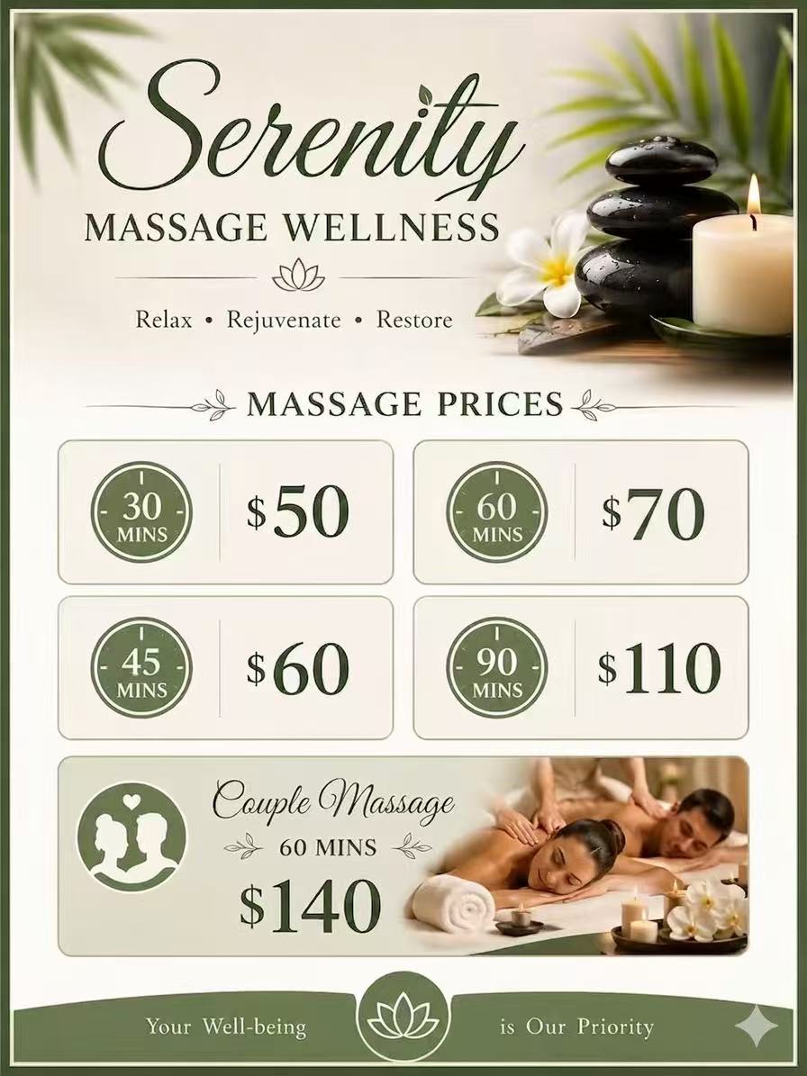Serenity Massage Wellness massage price list